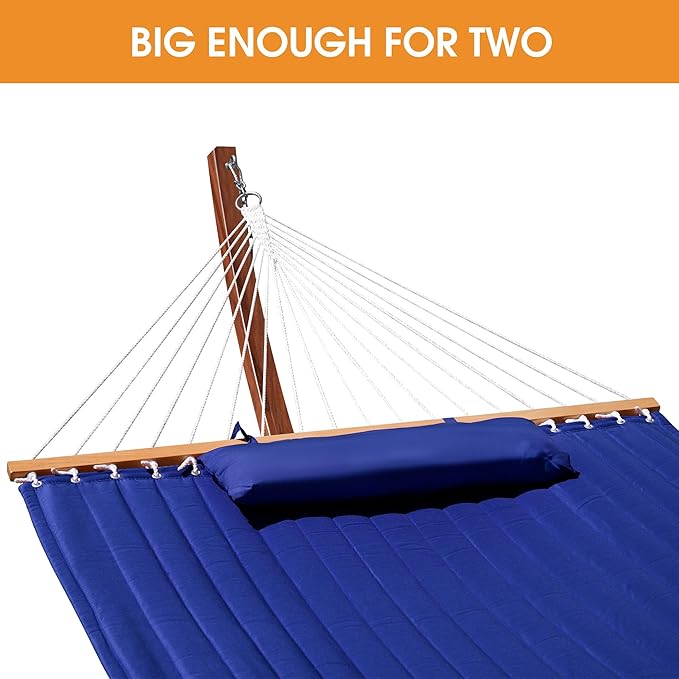 Lazy Daze Hammocks 12 FT 2 Person Double Quilted Hammock with Curved Steel Heavy Duty Stand and Pillow for Outside, Backyard, Patio, 450 Lbs Capacity, Blue