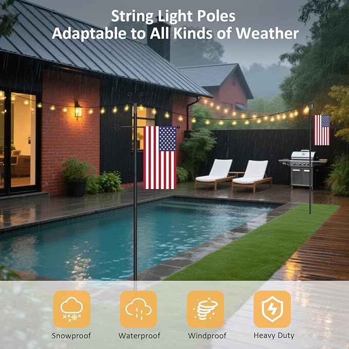4 Pack String Light Poles 10 Ft - Patio Adjustable Stand with Fork, Backyard Heavy Metal Lighting Posts for Outside Deck Wedding Garden Party