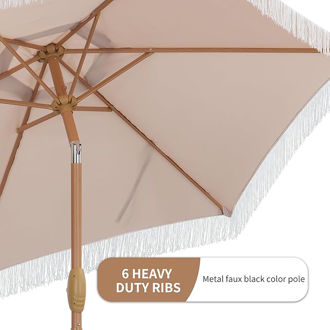GDY 7.5FT Tassel Patio Umbrella Outdoor Table Umbrella,Market Umbrella with 6 Sturdy Ribs, with Push Button Tilt and Crank for Garden, Lawn, Deck, Backyard & Pool (Camel)
