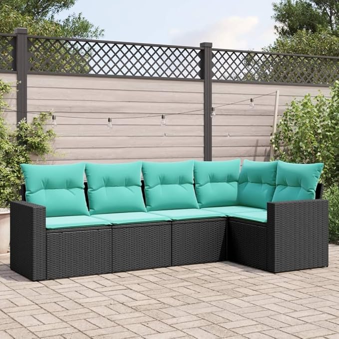 5 Piece Patio Sofa Set with Cushions, Outdoor Sofa Sets Garden Lounge Set Patio Conversation Set Front Porch Furniture for Negotiation Area Piazza Garden Poolside Black Poly Rattan