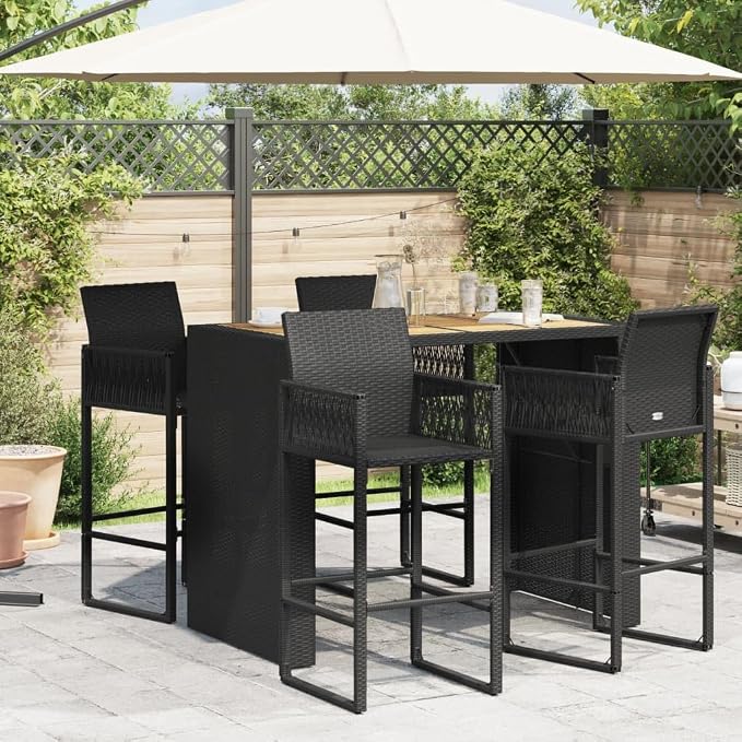 Black Rectangular Garden Bar Table Outdoor Patio Furniture with Synthetic Poly Rattan Top and Steel Frame for Terrace Garden Seating 4 Persons