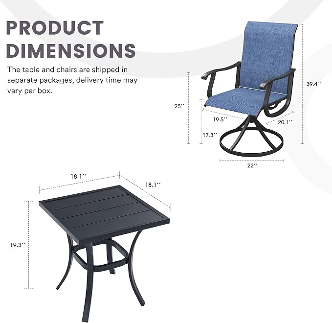 3 Pieces Small Patio Dining Set, 2 Textilene Swivel Chairs and Small Square Outdoor Table, Outdoor Furniture Set for Porch, Lawn, Garden, Black/Blue
