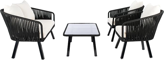 Safavieh Outdoor Collection Jorda Wicker Cushion 4-Piece Rope Patio Backyard Living Set PAT7518B, Black/Beige