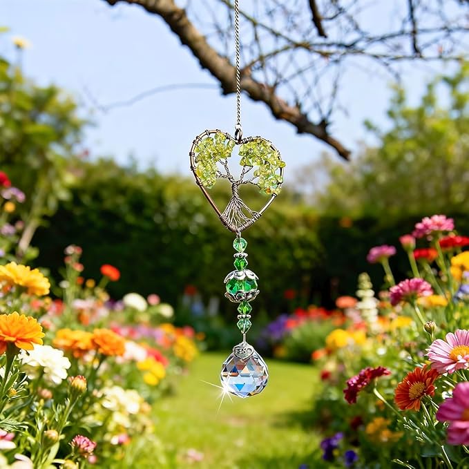 Green Tree of Life Crystal Suncatcher Car Rear View Mirror Charm Decor | Crystal Tree of Life Suncatcher Rainbow Maker Feng Shui Pendant for Car Rear View Mirror Window Garden Home Office Decor