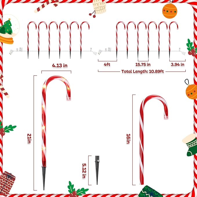12Pack Christmas Decorations Candy Cane Lights,16" Lighted Pathway Makers Lights with 72 Warm Lights, Connectable Christmas Lights Outdoor Walkway Sidewalk Candy Canes Yard Lawn Decor