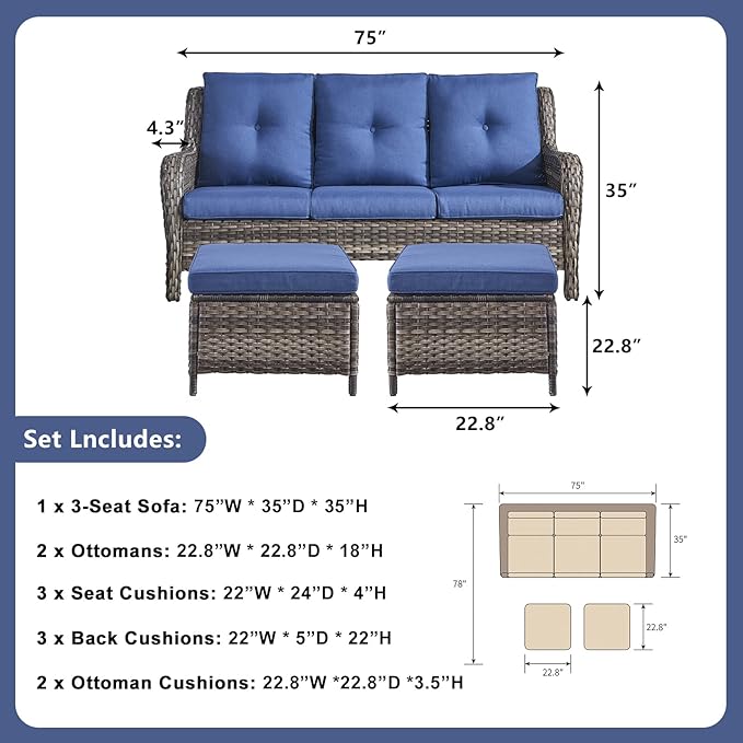Rilyson 3 Piece Wicker Patio Furniture Set - Outdoor Rattan Patio Comversation Set with 1 Sofa and 2 Ottomans for Outside Porch Deck Garden(Mixed Grey/Blue)