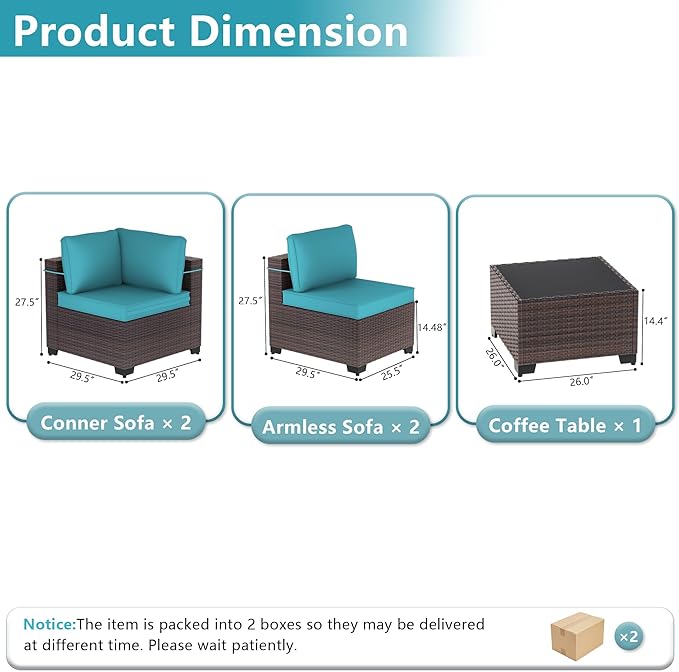 ALAULM 5 Pieces Patio Furniture Set Wicker Patio Conversation Set, Outdoor Sectional Furniture w/Coffee Table & Washable Seat Cushions-Blue