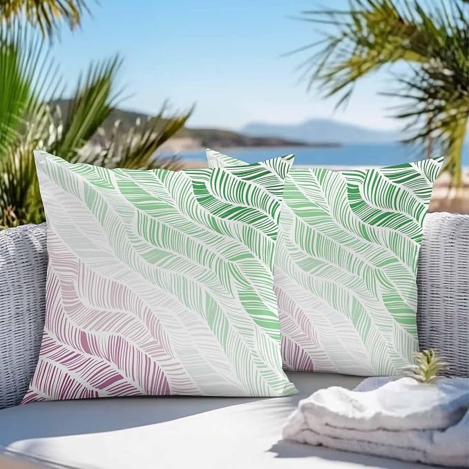 Vandarllin Outdoor Throw Pillows Covers 20x20 inch Set of 2 Waterproof Summer Beach Decorative Zippered Cushion Covers for Patio Furniture, Ombre Green Abstract Leaf Lines Lumbar Pillowcases