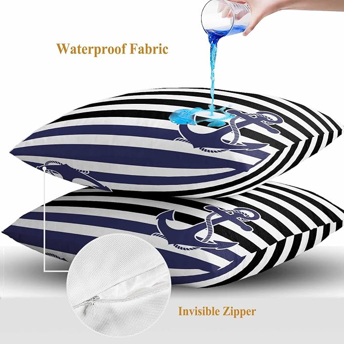Throw Pillow Covers 24x24 Inch Set of 2, Anchor Black Waterproof Outdoor Cushion Covers, Modern Navy Blue White Striped Nautical Decorative Pillowcases for Couch, Sofa, Bed, Garden, Patio