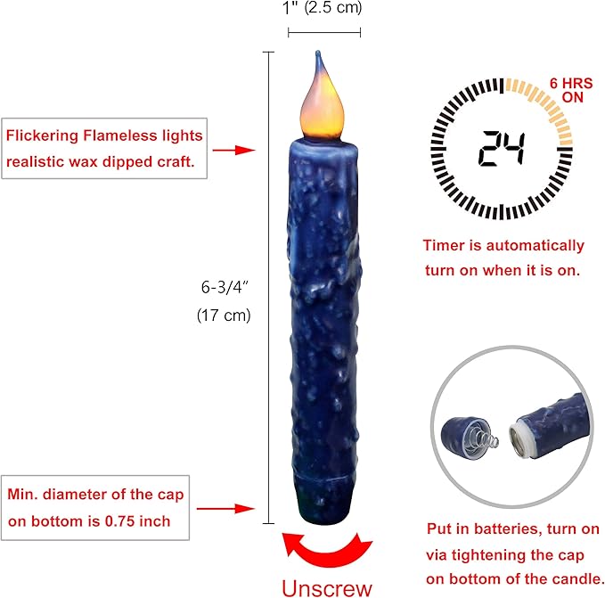 CVHOMEDECO. Real Wax Hand Dipped Battery Operated LED Timer Taper Candles Rustic Primitive Flameless Lights Decor, 6-3/4 Inch, Navy Blue, 3 PCS in a Package