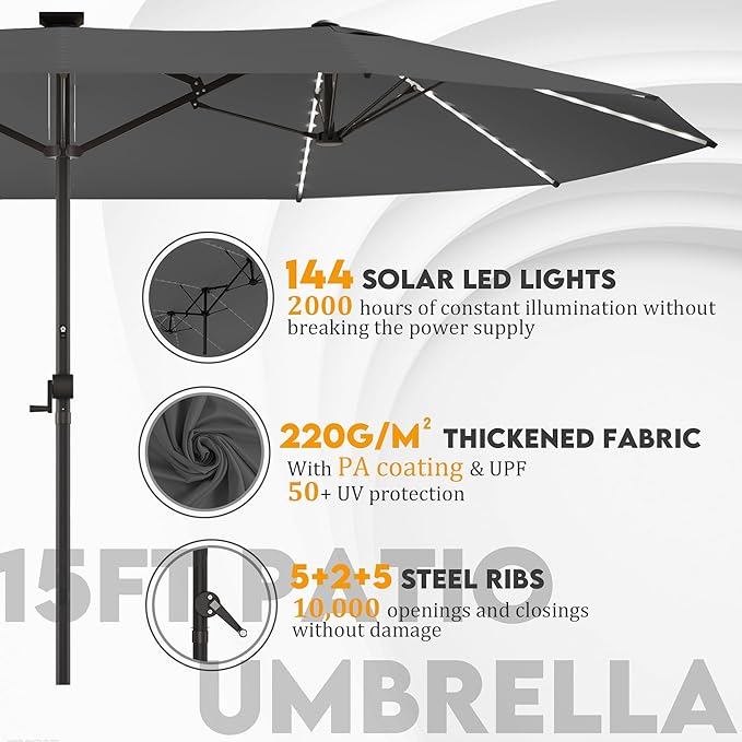 GDPFN 15ft Large Patio Umbrella with Solar Lights, Outdoor Double-Side Rectangular Umbrella, Backyard Pool Umbrella with LED Light for Deck, Outside, Market, Dark Gray (Base Not Include)