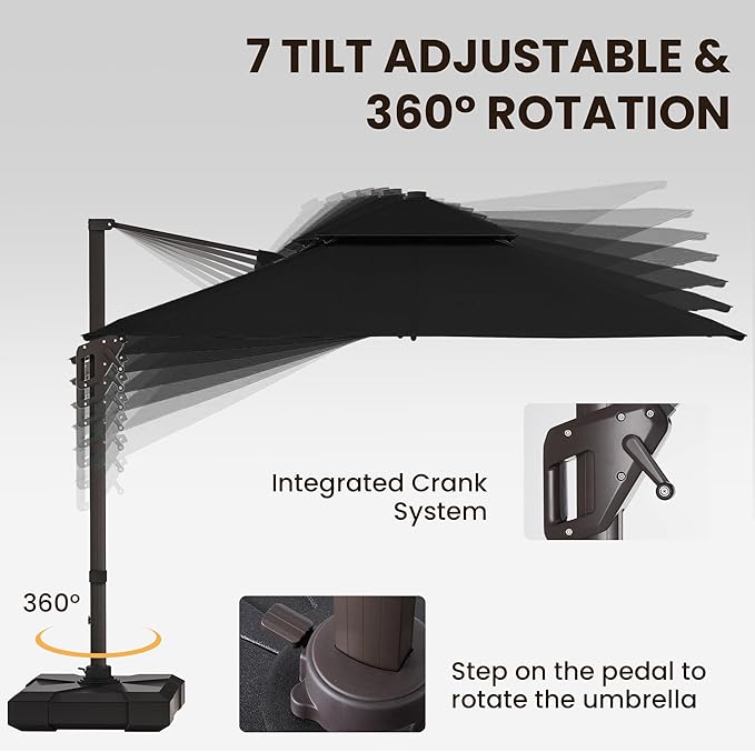 9 X 12 FT Cantilever Patio Umbrella with Led Lights and Base Included Outdoor Heavy Duty Double Top Rectangle Offset Umbrellas with 360-degree Rotation for Pool Deck Backyard, Black