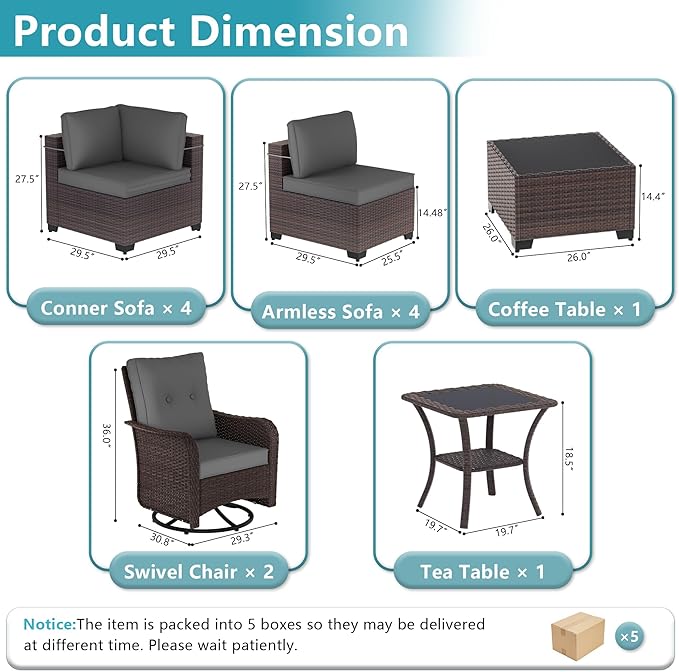 ALAULM 12 Pieces Patio Furniture Set with 2 Swivel Chairs Wicker Patio Conversation Set, Outdoor Sectional Furniture w/Coffee Table & Washable Seat Cushions-Grey