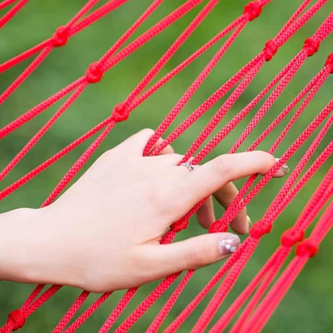 Portable Nylon Rope Hammock 10 Group Knot Rope Mesh Outdoor Camping Lightweight Hammock with Storage Bag Easy to Set Up Comfortable(Rojo)