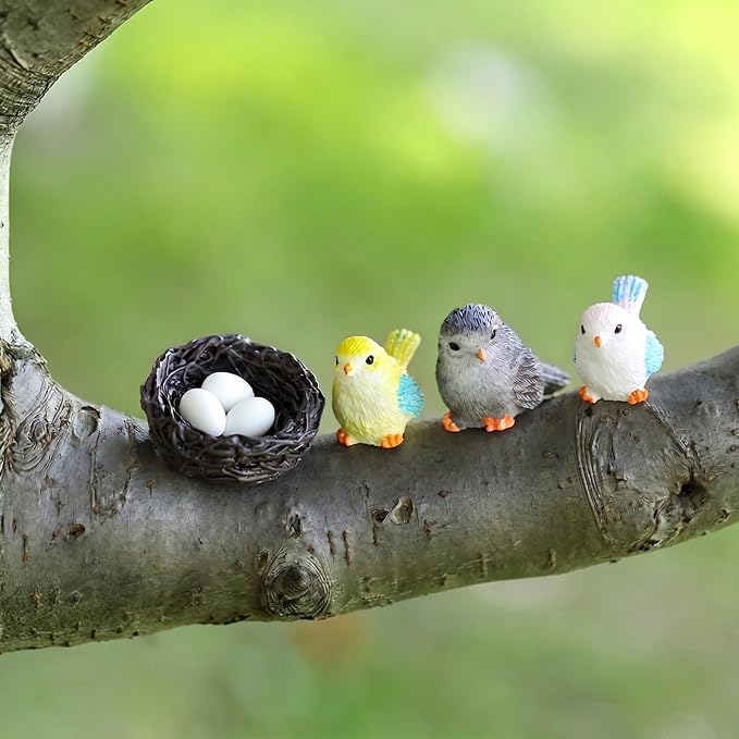 Fairy Garden Accessories, 7 Pieces Birds Resin Figures with Bird's Nest Mushroom, Handmade Miniature Decor, Garden Miniatures Home Outdoor Decors, Perfect DIY Gift