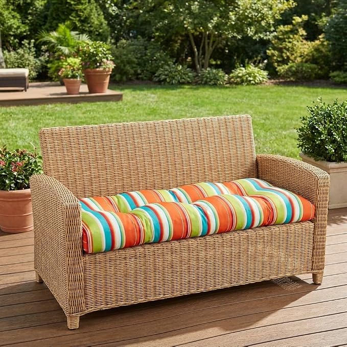 BrylaneHome Bh Performance Fabric Tufted Wicker Settee Cushion - Classic Red Cabana