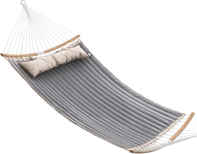 SONGMICS Hammock, Quilted Hammock with Curved Bamboo Spreaders, Pillow, 78.7 x 55.1 Inches, Portable Padded Hammock Holds up to 495 lb, Gray and Beige UGDC34CG