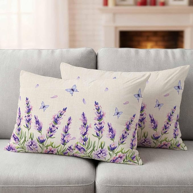 Botanical Lavender Floral Outdoor Waterproof Pillow Covers, Purple Flowers Butterfly Beige Decorative Rectangle Throw Pillowcase Sofa Cushion Sham for Patio/Couch/Chair, 20"x12" 2 Pack