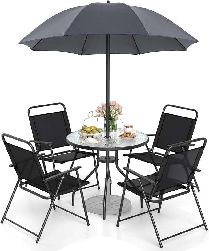 Tangkula 6 Pieces Folding Patio Dining Set, 4 Chairs and 31.5 inches Round Table, Patio Umbrella Included, for Indoor Outdoor Poolside or Balcony