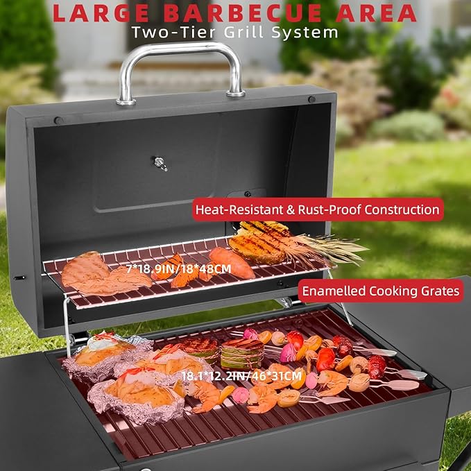 Kendane Charcoal Grill with Side Shelf, 353 Sq.Inch Cooking Area,Large Smoker Barbecue Grill with Warming Rack,Outdoor BBQ Grill with Charcoal Tray for Yard, Camping, Picnic