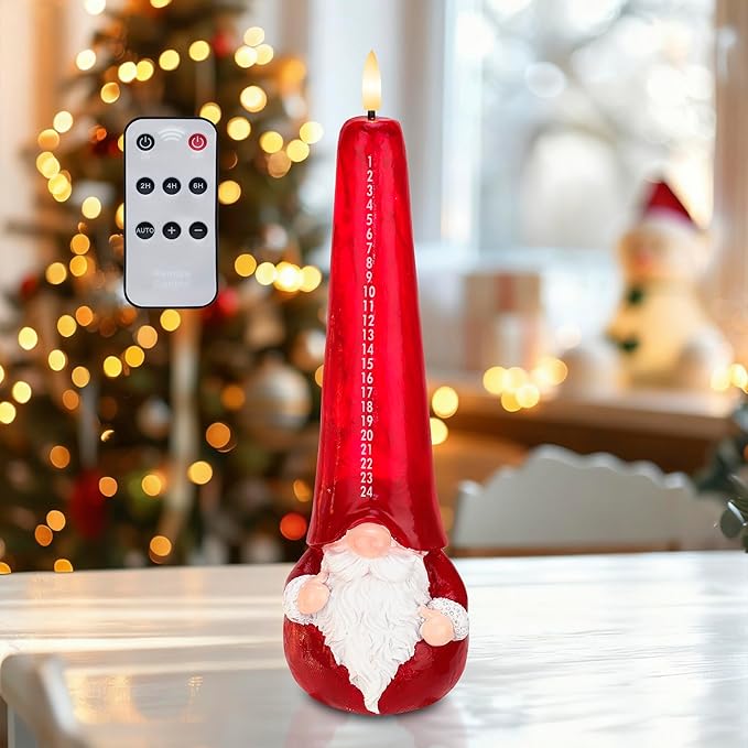 Christmas Flameless Candles with Remote, Xmas Countdown Candle, Santa Claus Countdown to Christmas Battery Operated Candles, Red Flameless Advent Candles for Mantel Decor