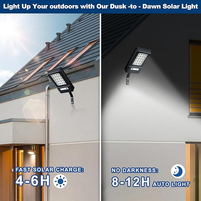 Solar Street Light Outdoor 2000LM, 6500K LED Floodlight with Motion Sensor, Dusk to Dawn Security Lighting, IP67 Waterproof Solar Powered Light for Yard, Garden, Driveway (1 Pack)