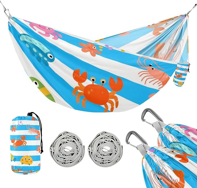 Blue White Striped Sea Animal 330lb Capacity Camping Hammock with Hanging Rope Hanging Hammock for Patio Backyard Lounge Base hamaca para acampar