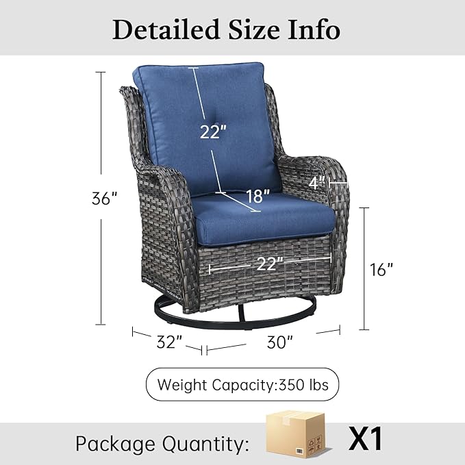 Outdoor Swivel Rocker Patio Chairs-Wicker Patio Swivel Chairs Set of 2 PE Rattan Patio Furniture for Porch Deck Balcony Garden-Grey/Blue