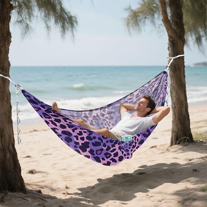 Camping Hammock Outdoor Hammocks for Outside Purple Leopard Skin Texture Beach Trees Portable Lightweight with Pockets Tree Straps Indoor Small