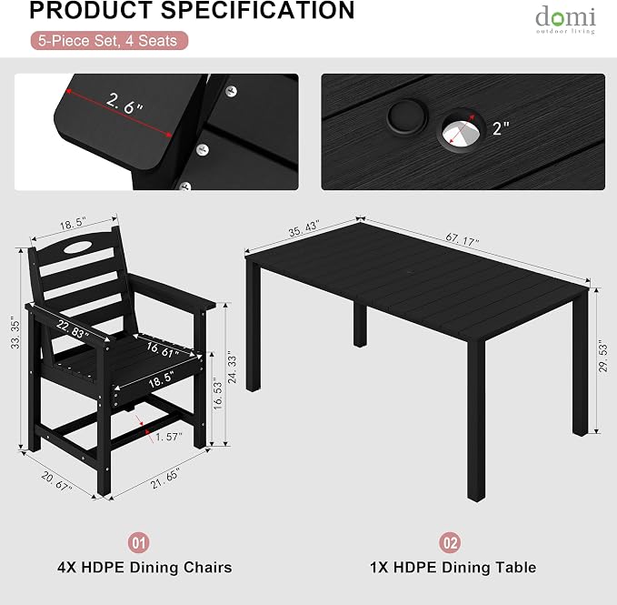 Domi HDPE Outdoor Dining Set, All-Weather 5 Piece Outdoor Dining Table Set with 2" Umbrella Hole, Outdoor Patio Dining Set for Garden, Poolside, Backyard, Deck, Black