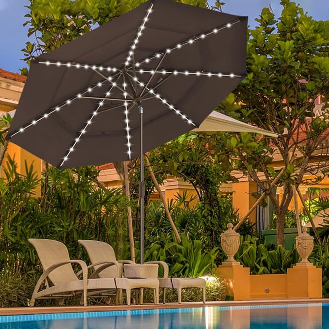 EliteShade USA 10-Year-Non-Fading 9ft 3-Tier Market Patio Umbrella, Commercial Table Umbrella with 80 Solar LED Lights, Crank Open, Windproof & UPF 50+ UV Protection for Garden, Deck, Pool, Backyard, Chestnut