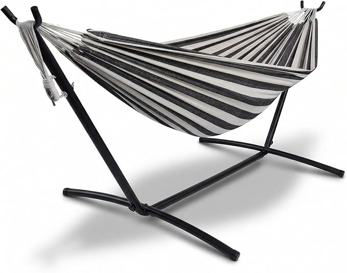 Double 2 Person Hammock with Heavy Duty Steel Stand, Indoor Outdoor Hammock with Carry Bag, 450LBS Weight Capacity, Space Saving Hammock for Garden Patio Camping Beach