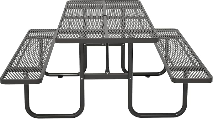 Coated Steel Heavy Duty Picnic Table for Outdoors 2200 lbs Load, Rectangular Camping Table with 1.78" Umbrella Hole, Commercial Picnic Table with Benches, Black