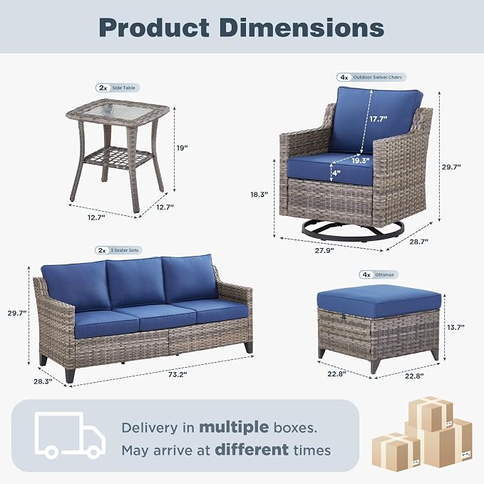 Belord Patio Wicker Swivel Rocker Patio Chairs with 3-Seater Sofa, Outdoor Rattan Chairs for Deck Porch Poolside, 12 Piece Patio Conversation Furniture Set,Blue