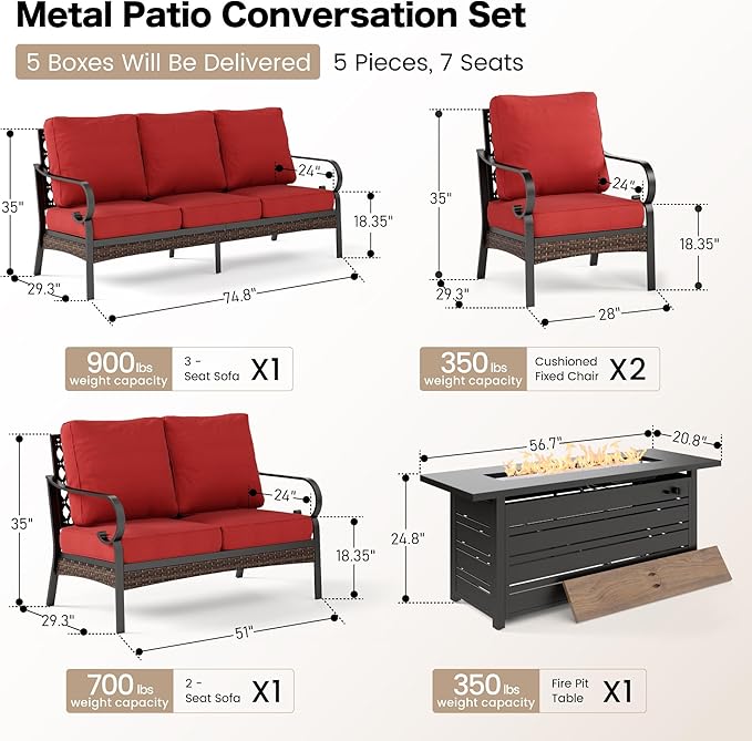 5 Piece Metal Outdoor Patio Furniture Sets with Firepit Table, Patio Conversation Sets 1 3-Seater Sofa, 1 Loveseat, 2 Single Sofa with 5.75" Cushion for Backyard Deck, Rust Red