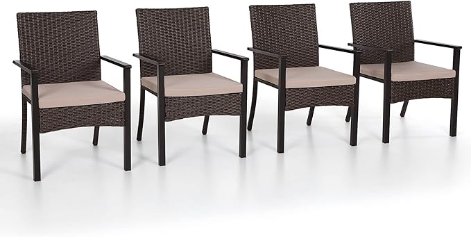 PHI VILLA Wicker Patio Dining Chairs Set of 4 with Removable Cushions | 4 Rattan dining chairs with thick removable seat cushions. Sturdy steel frame, easy assembly.