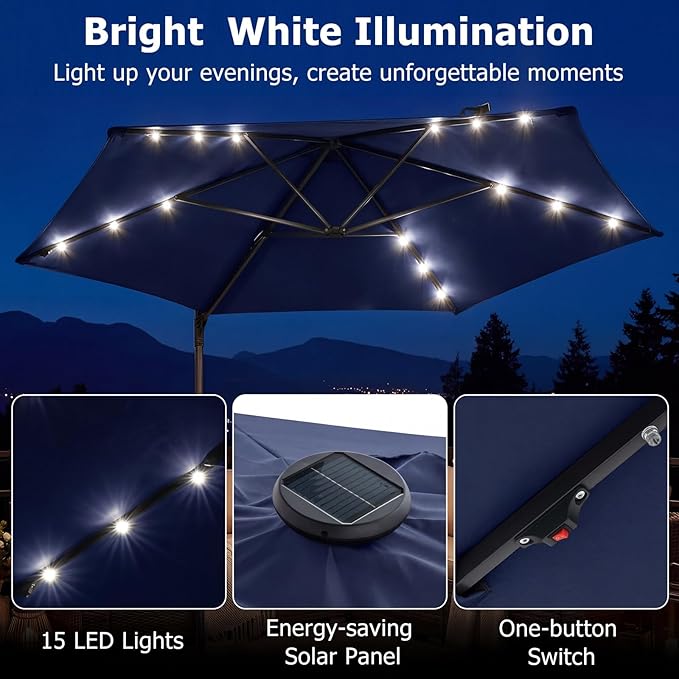 Tangkula 10ft Patio Umbrella with Solar Lights, Offset Cantilever Outdoor Umbrella with LED Lights, 360 Degree Rotation, Air Vent for Pool Deck Garden Backyard (Navy)