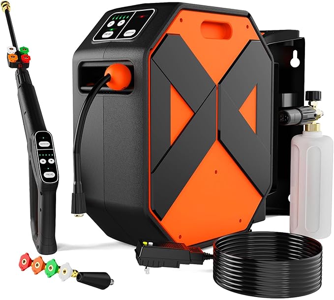 5000PSI Wall Mounted PowerWasher with 4 Quick Connect Nozzles, Foam Cannon for Car, Lane, Patio Cleaning, Orange