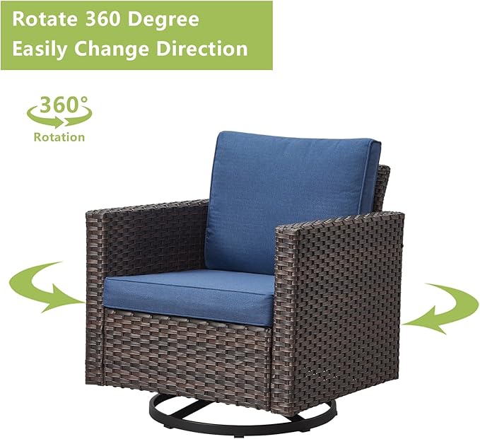 Rilyson Wicker Outdoor Patio Furniture Set - 7 Piece Patio Conversation Set with 4 Swivel Rocker Chairs,2 Rattan Ottoman and 1 Couch for Outside Porch Deck Backyard(Brown/Blue)