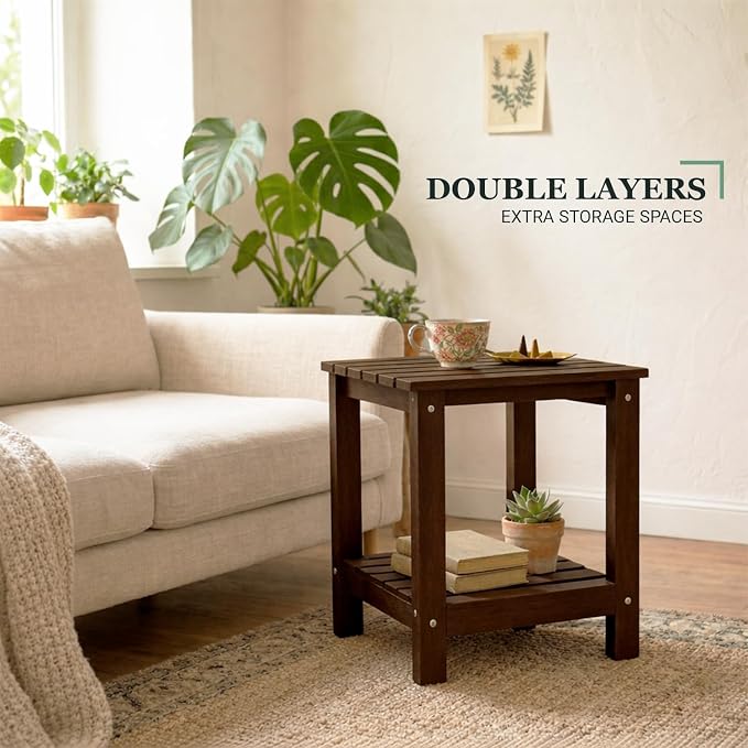 Premium 2-Tier Eucalyptus Wood Side Table with Slatted Storage Shelf, 13" x 16" x 17.5", Wooden Accent Table for Living Room, Entryway or Bedside (Brown)