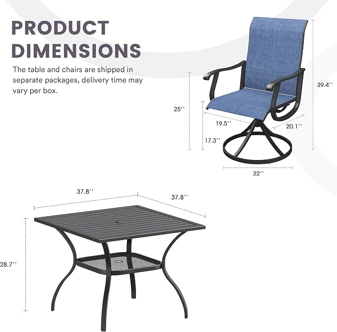 5 Pieces Patio Furniture Dining Set, 4 Textilene Swivel Dining Chairs, 38" Outdoor Square Metal Table with Storage Shelf and 1.57" Umbrella Hole, Outdoor Dining Set for Porch, Lawn, Black/Blue