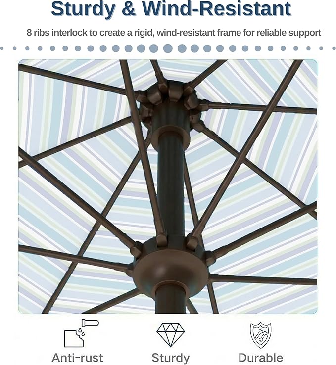 PatioKingdom 9FT Patio Outdoor Umbrella-UPF 50+ Sun Shade with Wind Vent, Push-Button Tilt & Smooth Crank Lift, Rust-Resistant Fiberglass Frame for Garden, Backyard,Yard (Blue Green Stripes)