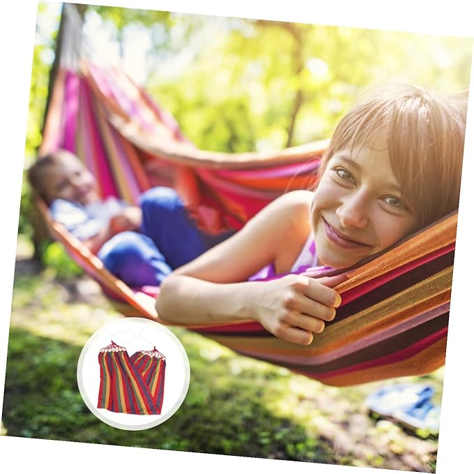 SUPVOX Rainbow Striped Single Person Canvas Hammock with Anti-tip Design, Outdoor Traveling Swing for Adults, Widened Cotton Fabric Leisure Hammock for Camping and Backyard