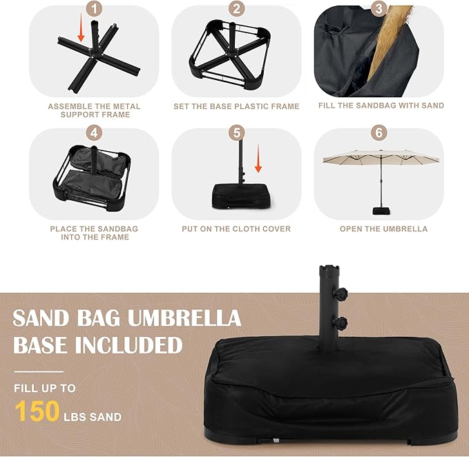 Sundale Outdoor Olefin 5-Year-Non-Fading 15 ft Patio Umbrella with Sand Bag Base and Cover, Large Outdoor Double-Sided Umbrella