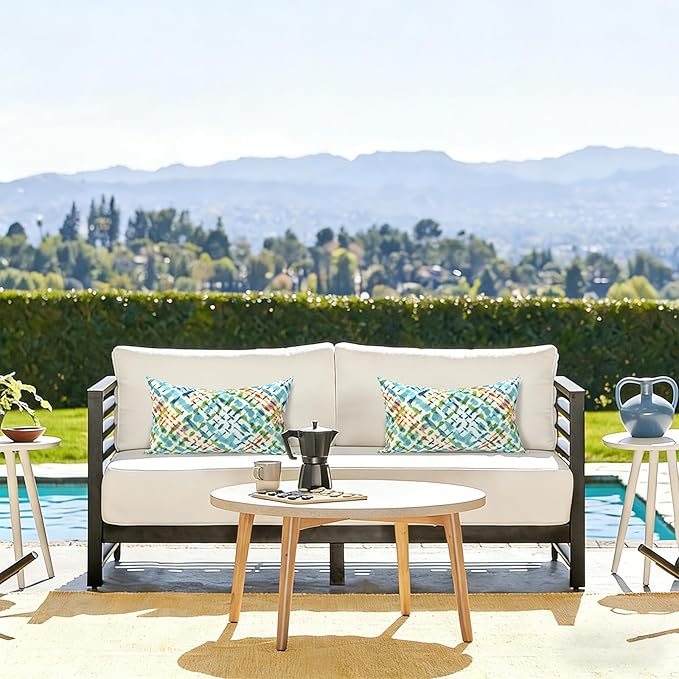 LVTXIII Outdoor/Indoor Lumbar Pillows, Decorative Patio Lumbar Cushions, Fluffy Water Repellent Garden Cushions for Home Patio Coach Sofa Use, 12×20 Inch, Pack of 2, Acapa Opal Geometric