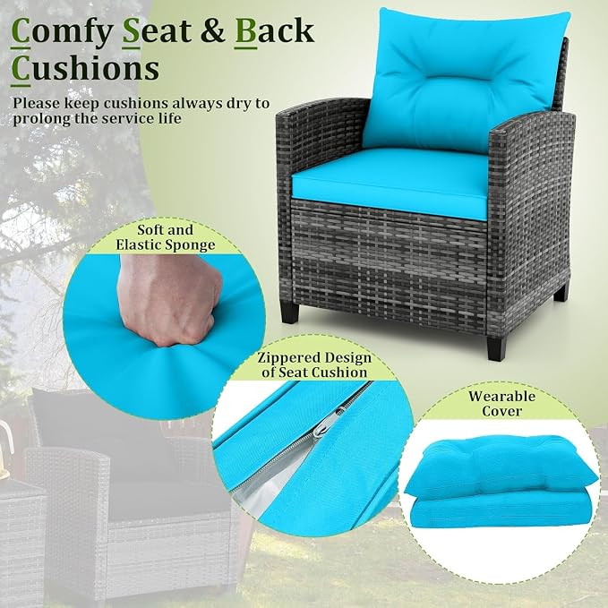 LDAILY Patio Furniture Set, 3 Pieces PE Rattan Wicker Patio Sofa Chairs with Washable Cushion & Glass Table, Outdoor Furniture Conversation Sets for Porch, Balcony, Garden, Poolside (Turquoise)