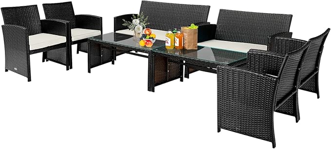 COSTWAY 8 Piece Patio Furniture Set, Outdoor PE Rattan Wicker Sectional Sofa with Cushion and Coffee Table, Patio Conversation Sets for Balcony Lawn Porch Patio Backyard Garden Poolside, White