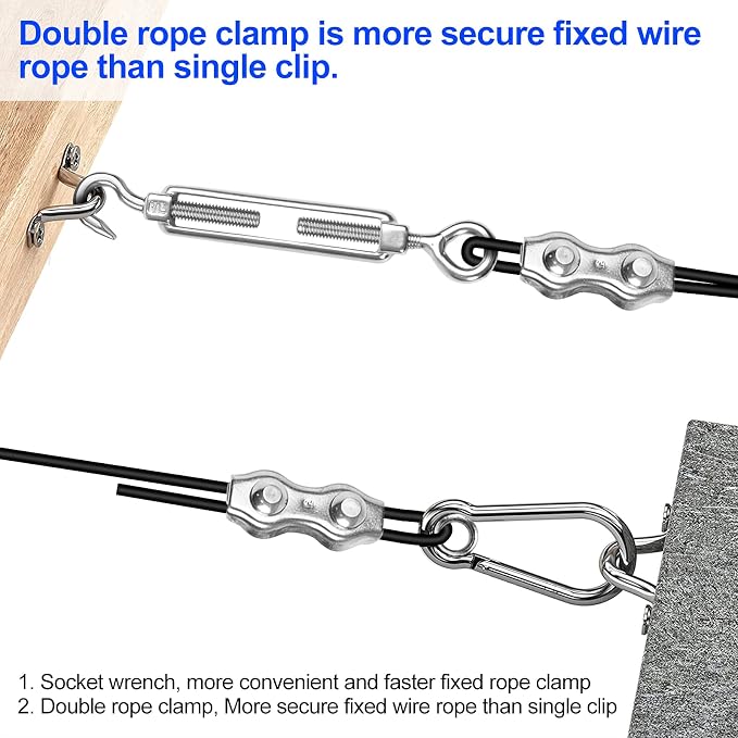 BLIKA String Light Hanging Kits, 170FT Coated Stainless Steel 304 Wire Rope | Outdoor Light Guide Wire, Globe String Light Suspension Kit Included Turnbuckles, Enough Accessories, Use Manual