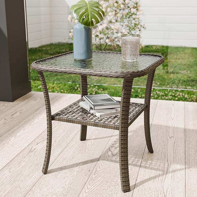 COOS BAY PE Rattan Outdoor Side Table, Tempered Glass Top Coffee Table for Garden, Lawn, Deck, Backyard, Stonewash Gray