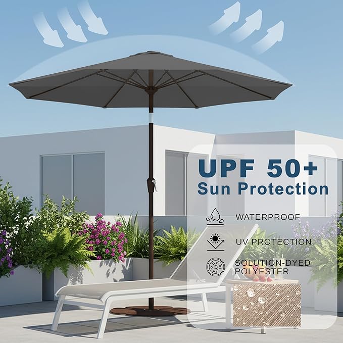11FT Patio Umbrella, Outdoor Umbrella with with 8 Sturdy Fiberglass Ribs,Market Table Umbrella with Push Button Tilt and Crank,Suit for Backyard,Garden,Pool,Deck(Gray)